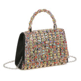 Trapezoid Shape Flap Twist Top Handle Double Side Diamante Bag