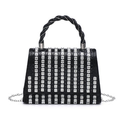 Trapezoid Shape Flap Twist Top Handle Double Side Diamante Bag
