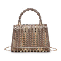 Trapezoid Shape Flap Twist Top Handle Double Side Diamante Bag