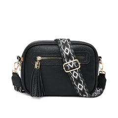 Tassel Two Zipped Sections Canvas Strap Cross Body Bag