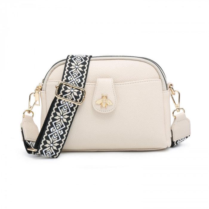 Bee Badge Two Zip Top Sections Canvas Strap Cross Body Bag