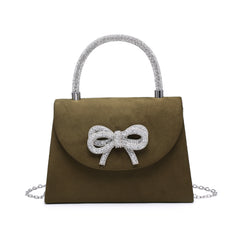 Tie Diamante Embedded Top Handle Suede Clutch Bag