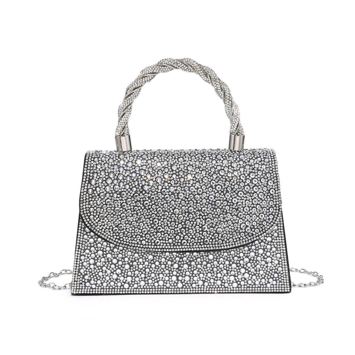 Trapezoid Shape Flap Twist Handle Single Side Diamante Bag