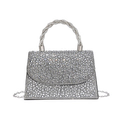 Trapezoid Shape Flap Twist Handle Single Side Diamante Bag