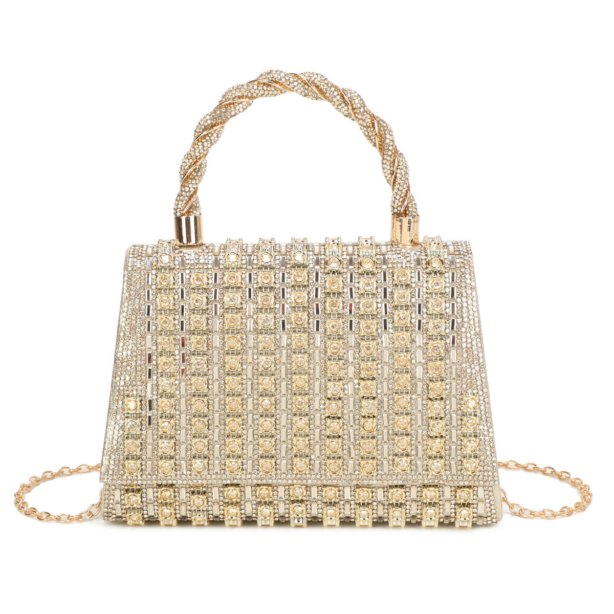 Trapezoid Shape Flap Twist Top Handle Double Side Diamante Bag
