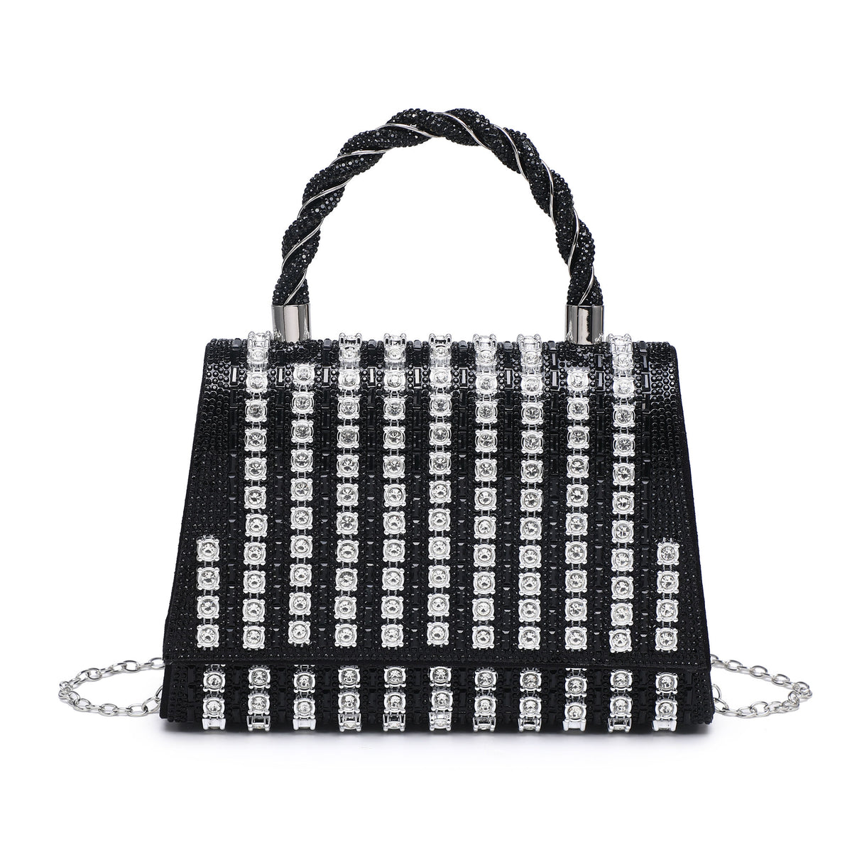 Trapezoid Shape Flap Twist Top Handle Double Side Diamante Bag