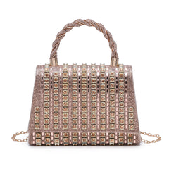 Trapezoid Shape Flap Twist Top Handle Double Side Diamante Bag