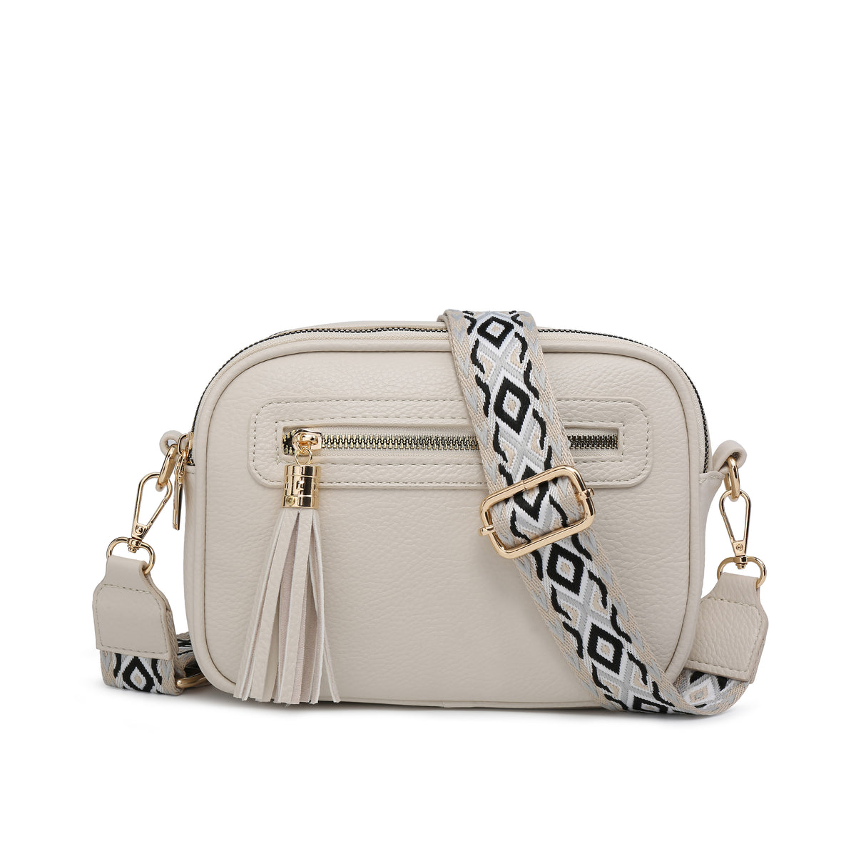 Tassel Two Zipped Sections Canvas Strap Cross Body Bag